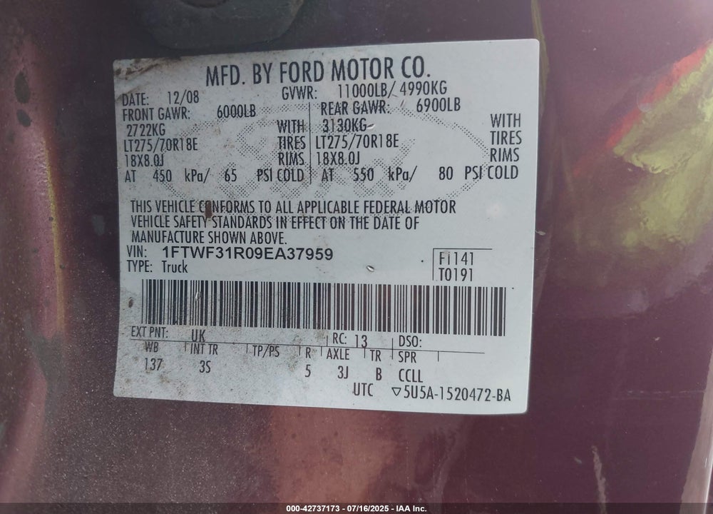 2009 FORD F 350 VIN: 1FTWF31R09EA37959