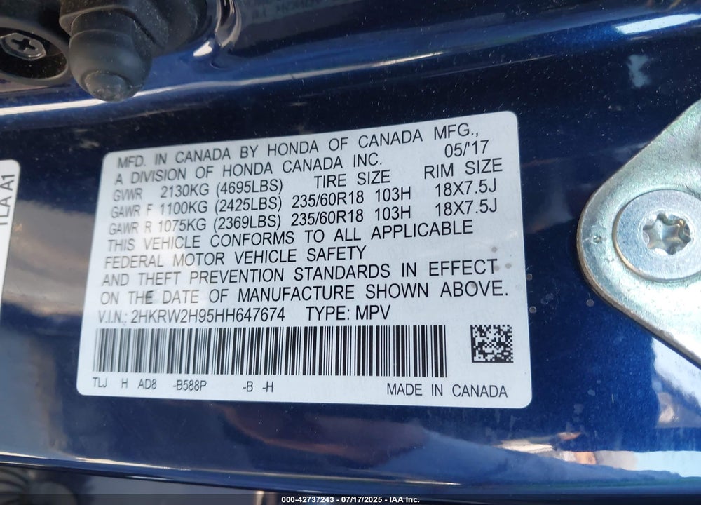 2017 HONDA CR-V VIN: 2HKRW2H95HH647674