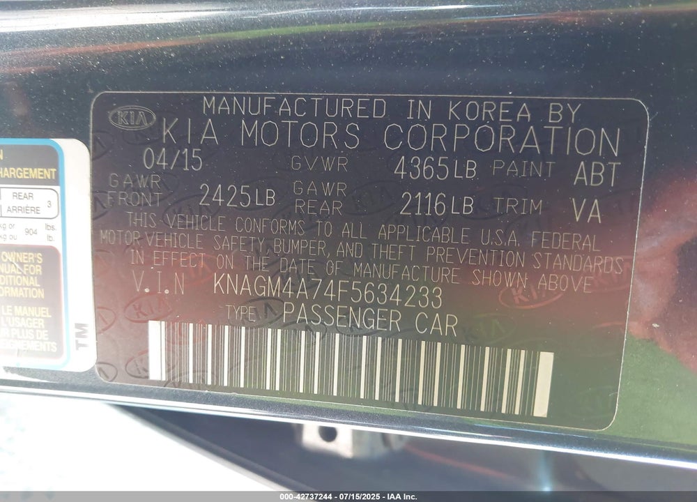 2015 KIA OPTIMA VIN: KNAGM4A74F5634233
