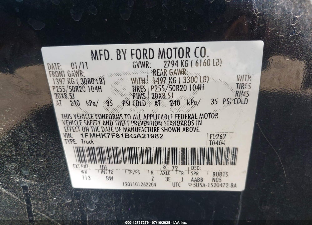 2011 FORD EXPLORER VIN: 1FMHK7F81BGA21982