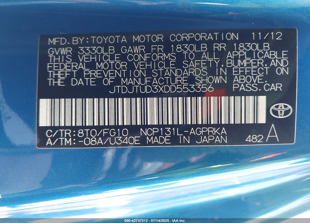 2013 TOYOTA YARIS LE VIN: JTDJTUD3XDD553356