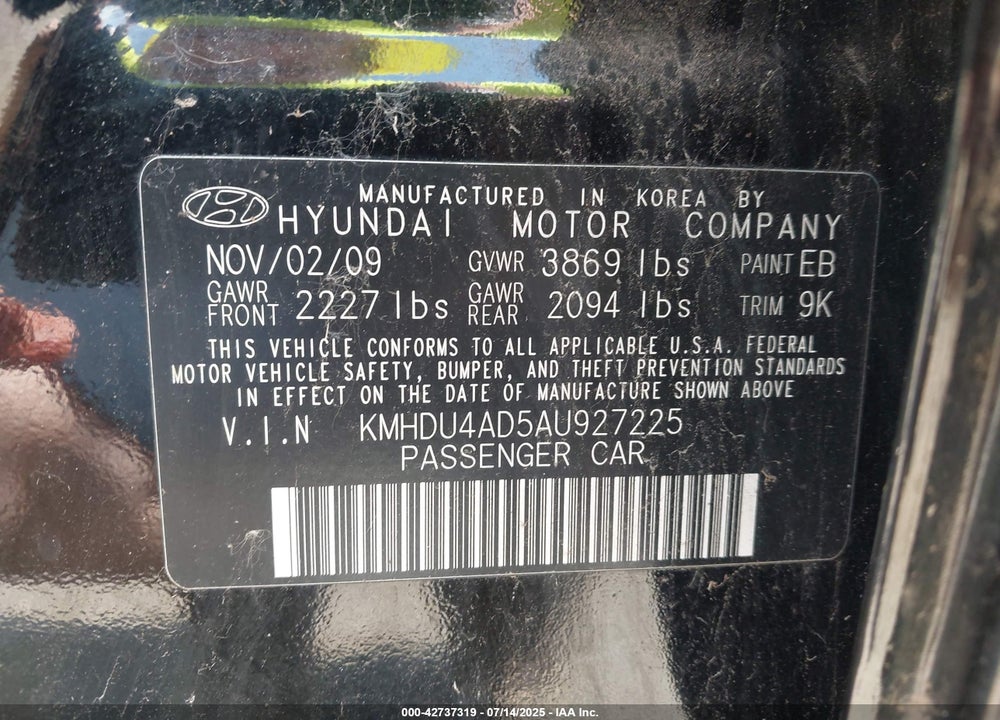 2010 HYUNDAI ELANTRA VIN: KMHDU4AD5AU927225