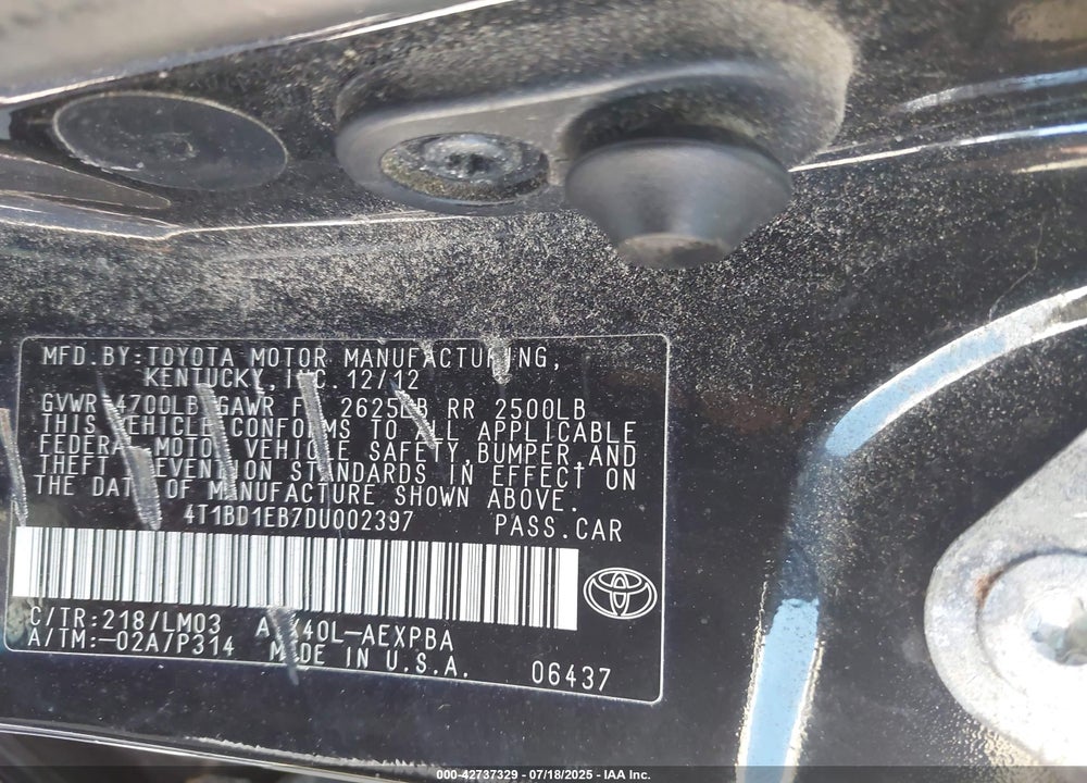 2013 TOYOTA AVALON HYBRID VIN: 4T1BD1EB7DU002397