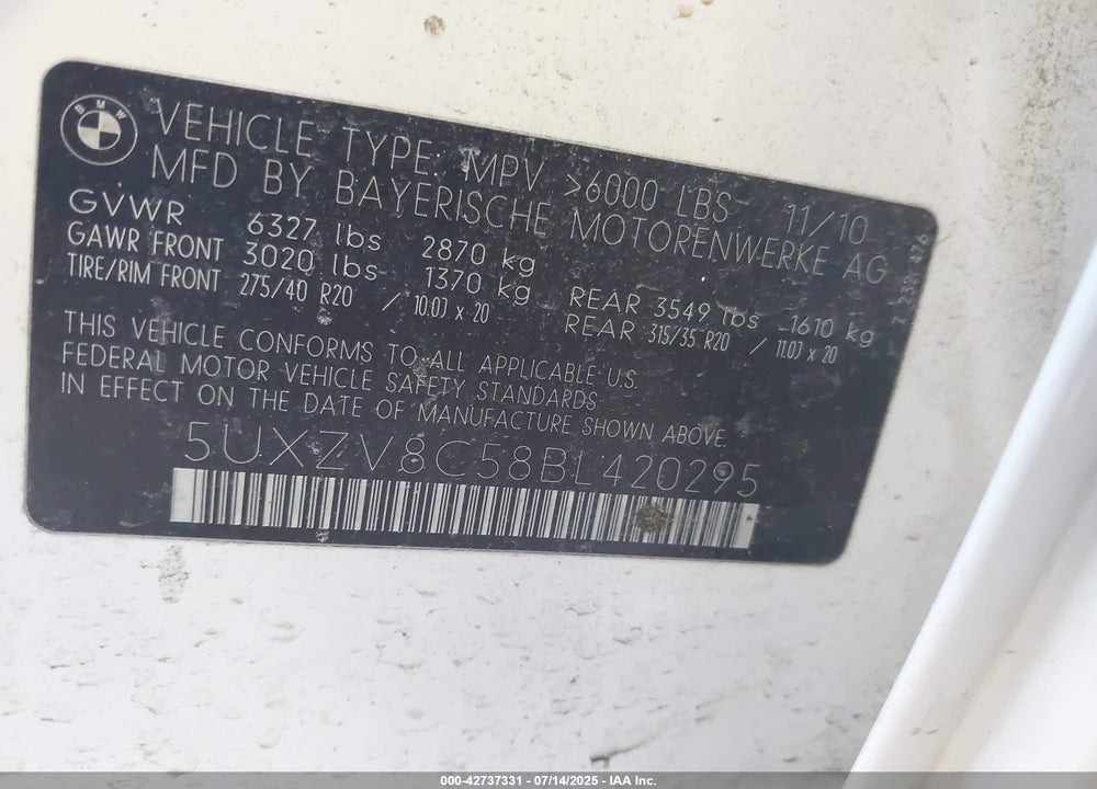 2011 BMW X5 VIN: 5UXZV8C58BL420295