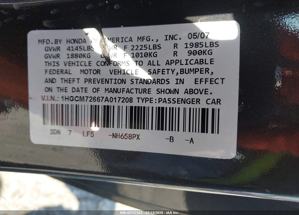 2007 HONDA ACCORD VIN: 1HGCM72667A017208
