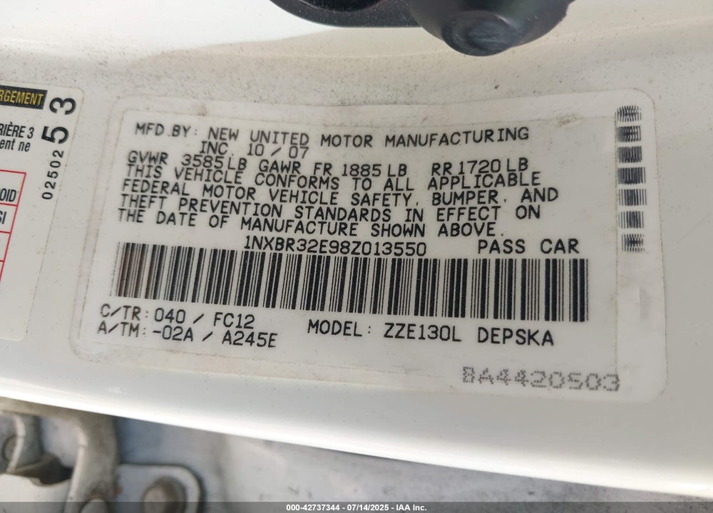2008 TOYOTA COROLLA VIN: 1NXBR32E98Z013550
