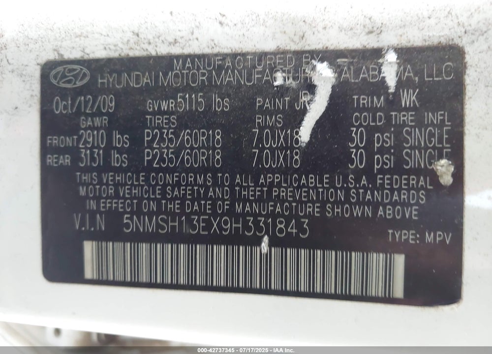 2009 HYUNDAI SANTA FE VIN: 5NMSH13EX9H331843