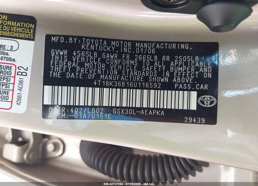 2006 TOYOTA AVALON VIN: 4T1BK36B16U116592