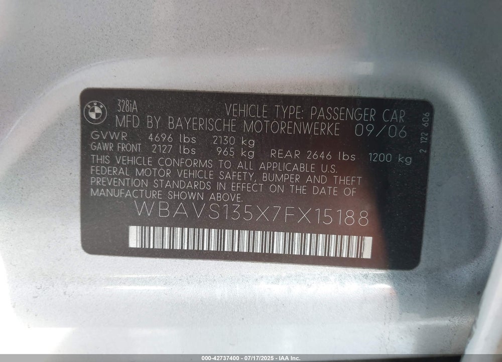 2007 BMW 328I VIN: WBAVS135X7FX15188