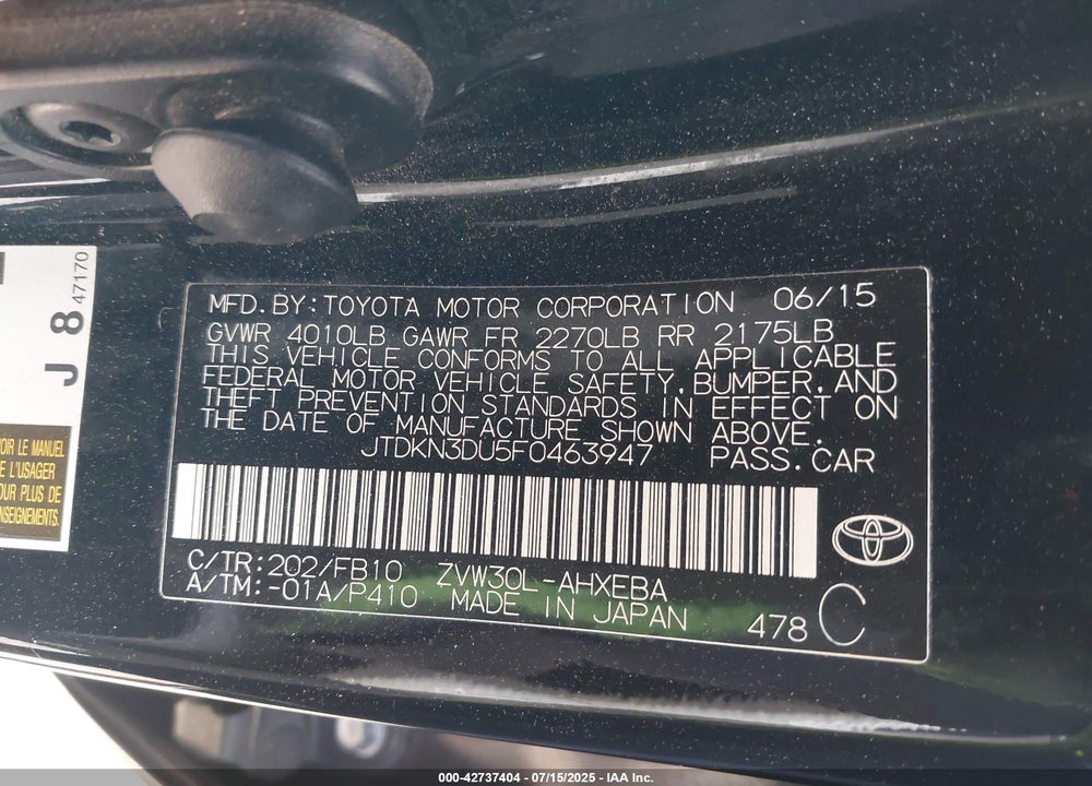 2015 TOYOTA PRIUS VIN: JTDKN3DU5F0463947