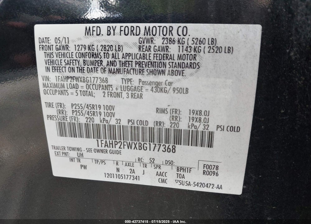 2011 FORD TAURUS VIN: 1FAHP2FWXBG177368