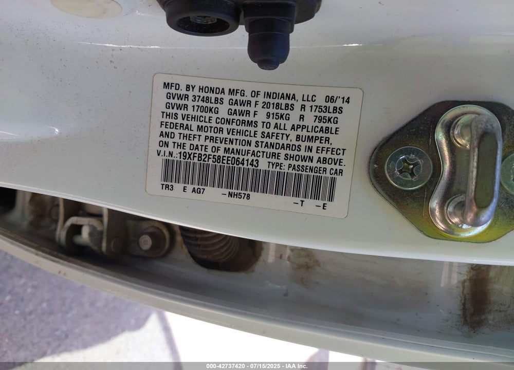 2014 HONDA CIVIC VIN: 19XFB2F58EE064143