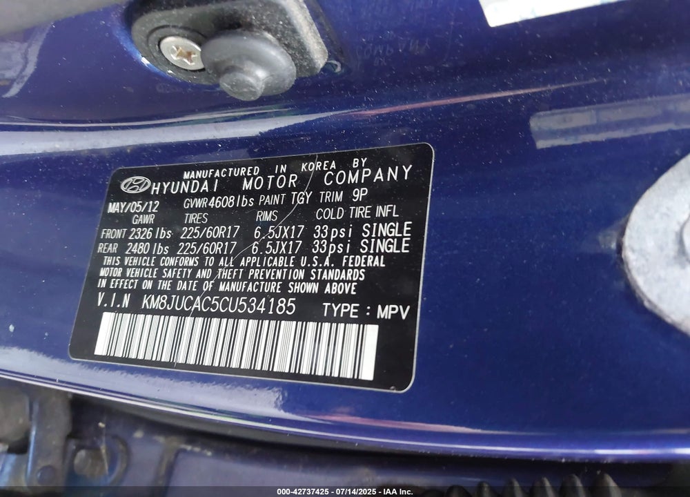 2012 HYUNDAI TUCSON VIN: KM8JUCAC5CU534185