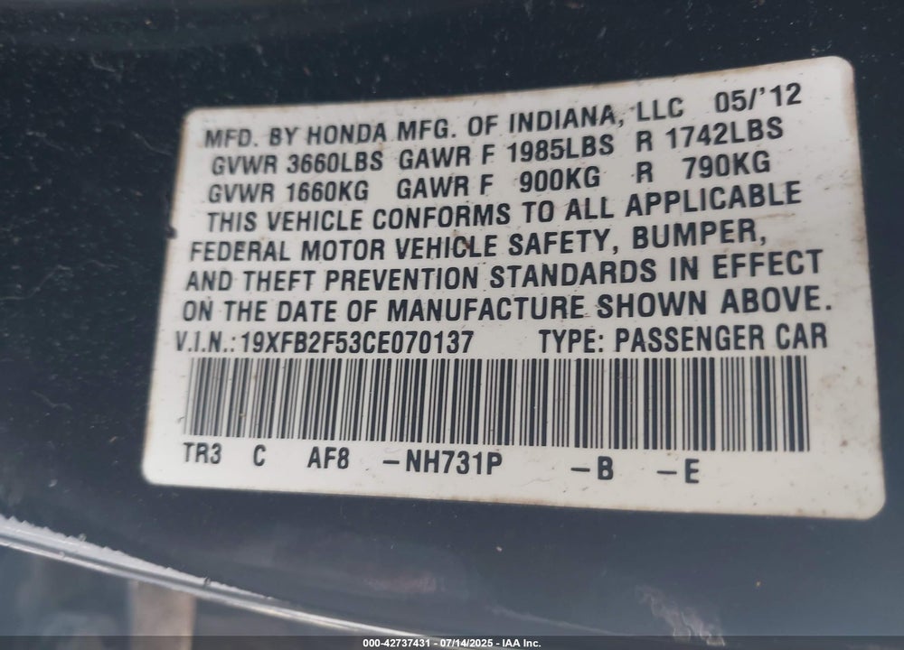 2012 HONDA CIVIC VIN: 19XFB2F53CE070137