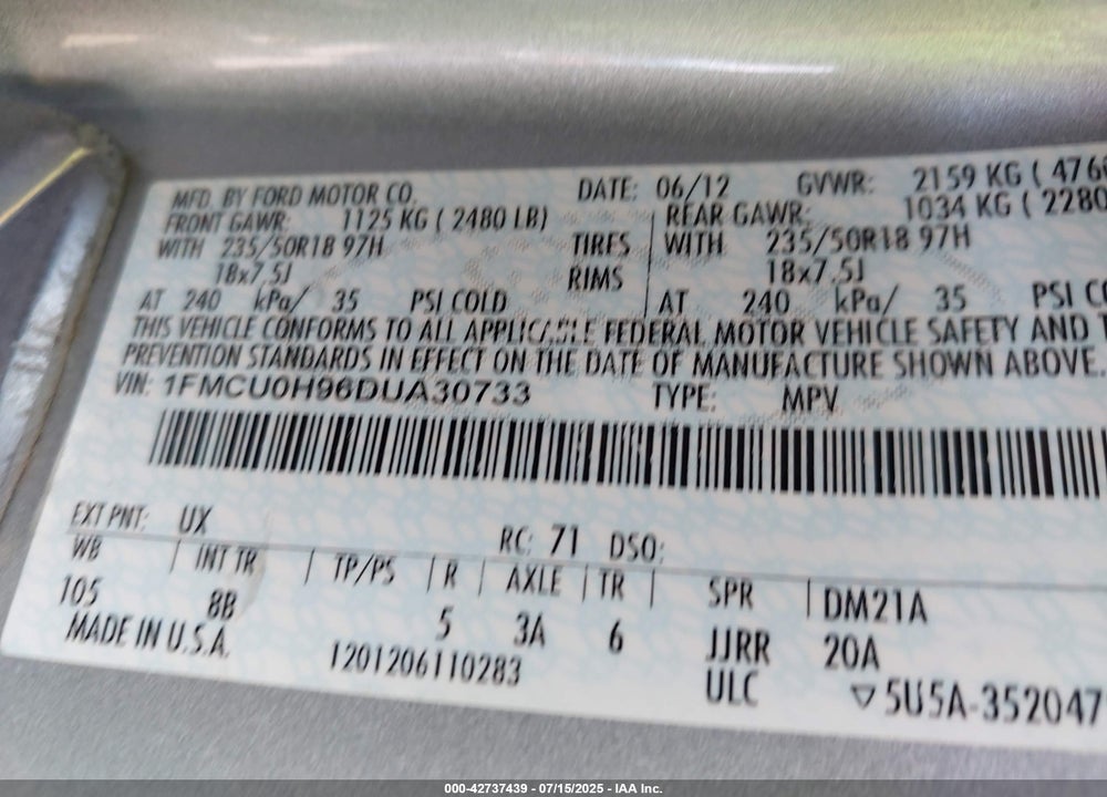 2013 FORD ESCAPE SEL VIN: 1FMCU0H96DUA30733