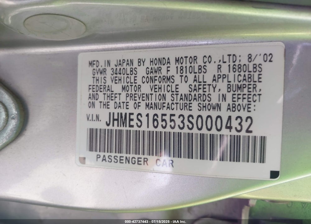 2003 HONDA CIVIC LX VIN: JHMES16553S000432