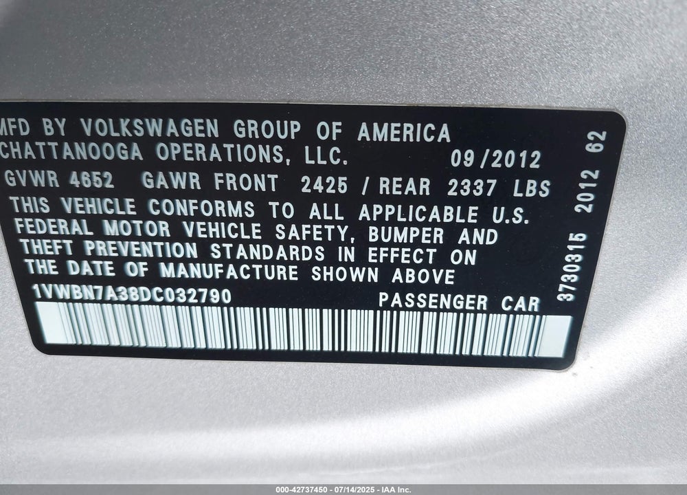 2013 VOLKSWAGEN PASSAT VIN: 1VWBN7A38DC032790