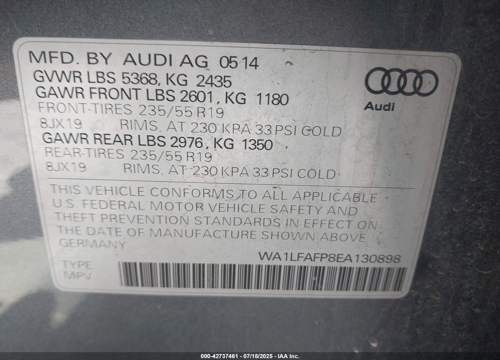 2014 AUDI Q5 2.0T PREMIUM VIN: WA1LFAFP8EA130898