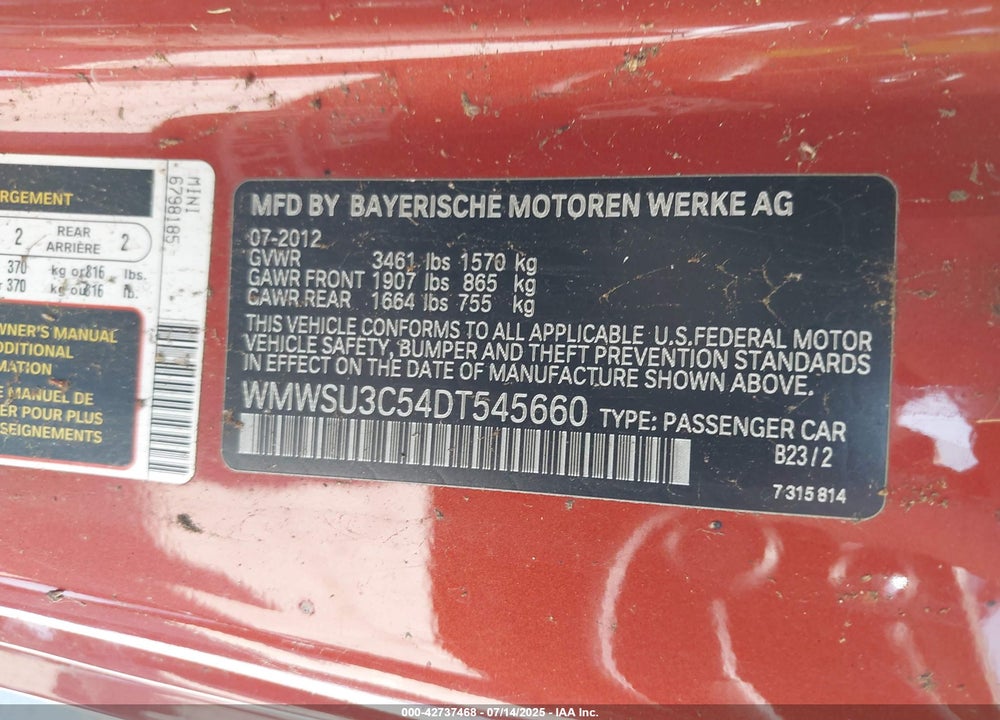2013 MINI COOPER VIN: WMWSU3C54DT545660
