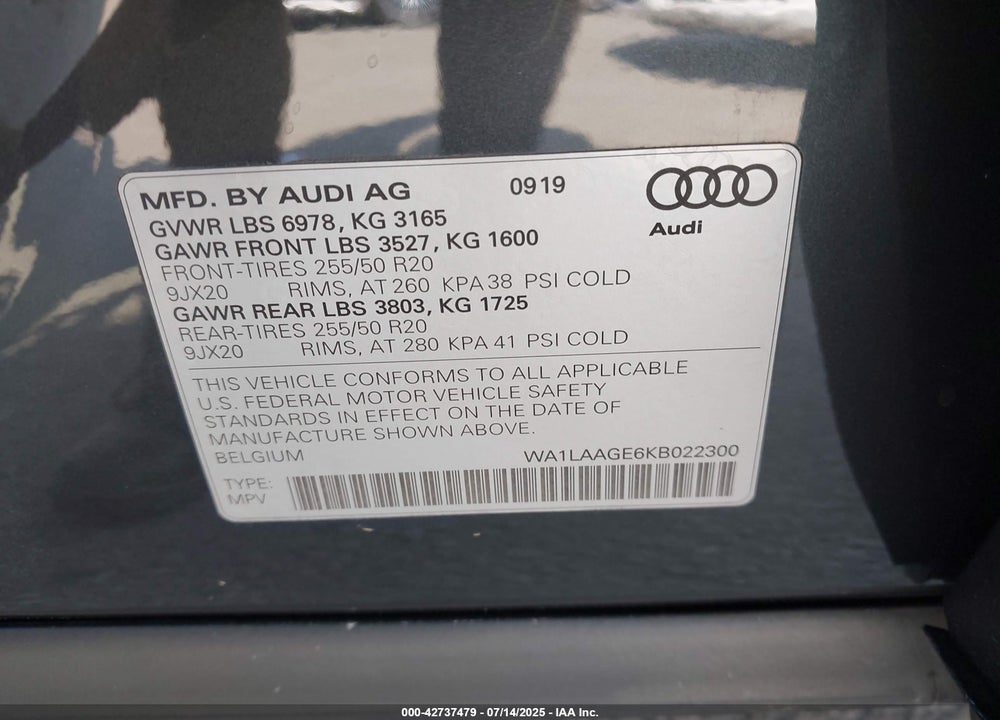 2019 AUDI E-TRON PREMIUM PLUS VIN: WA1LAAGE6KB022300