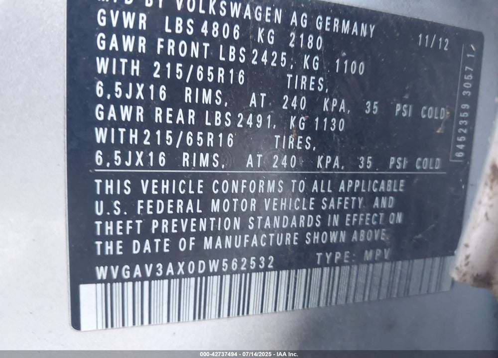 2013 VOLKSWAGEN TIGUAN VIN: WVGAV3AX0DW562532