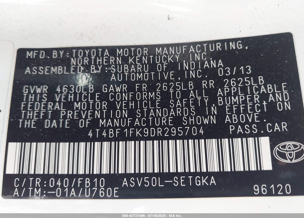 2013 TOYOTA CAMRY VIN: 4T4BF1FK9DR295704