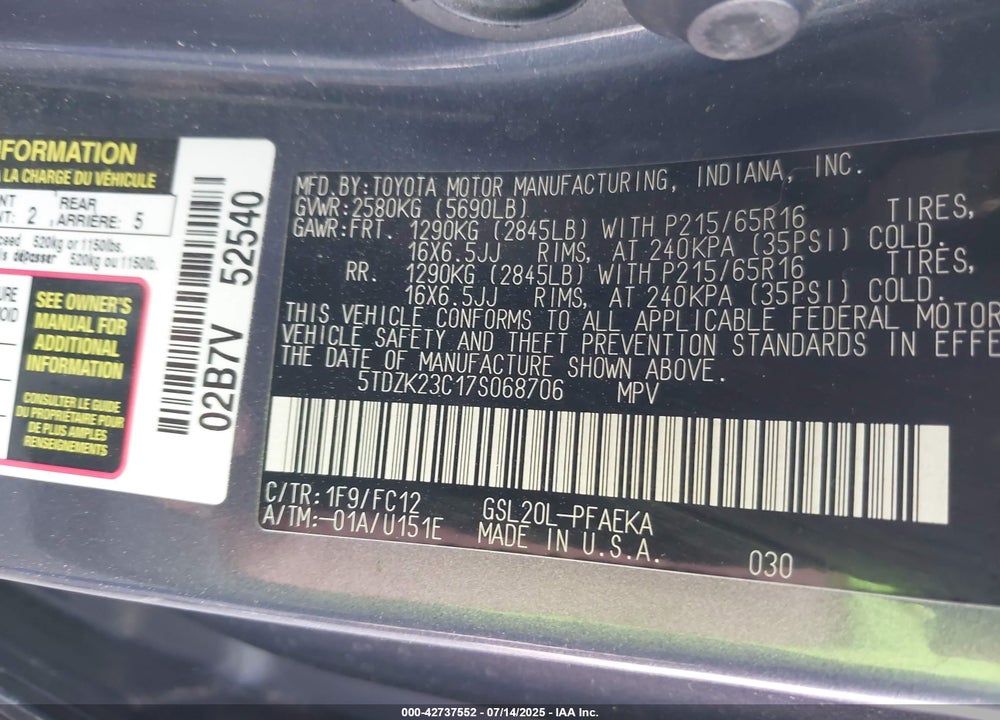 2007 TOYOTA SIENNA VIN: 5TDZK23C17S068706