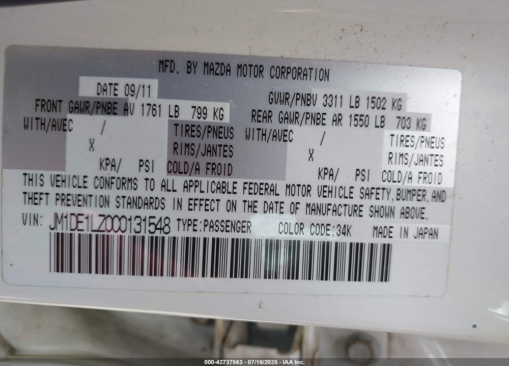 2012 MAZDA 2 VIN: JM1DE1LZ0C0131548