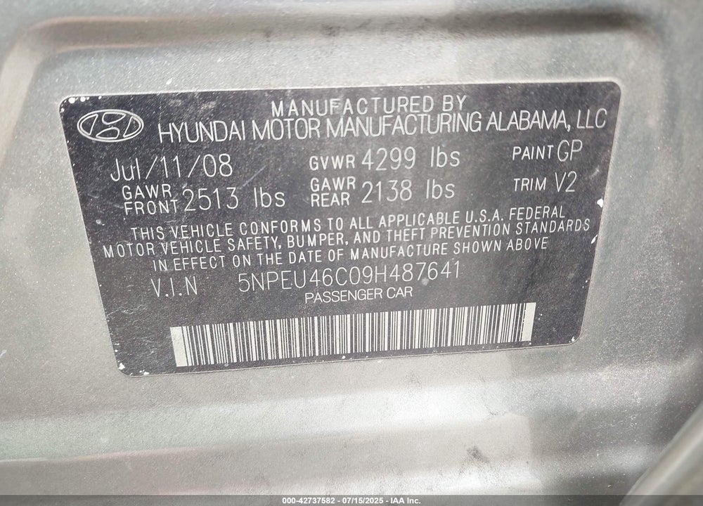 2009 HYUNDAI SONATA VIN: 5NPEU46C09H487641