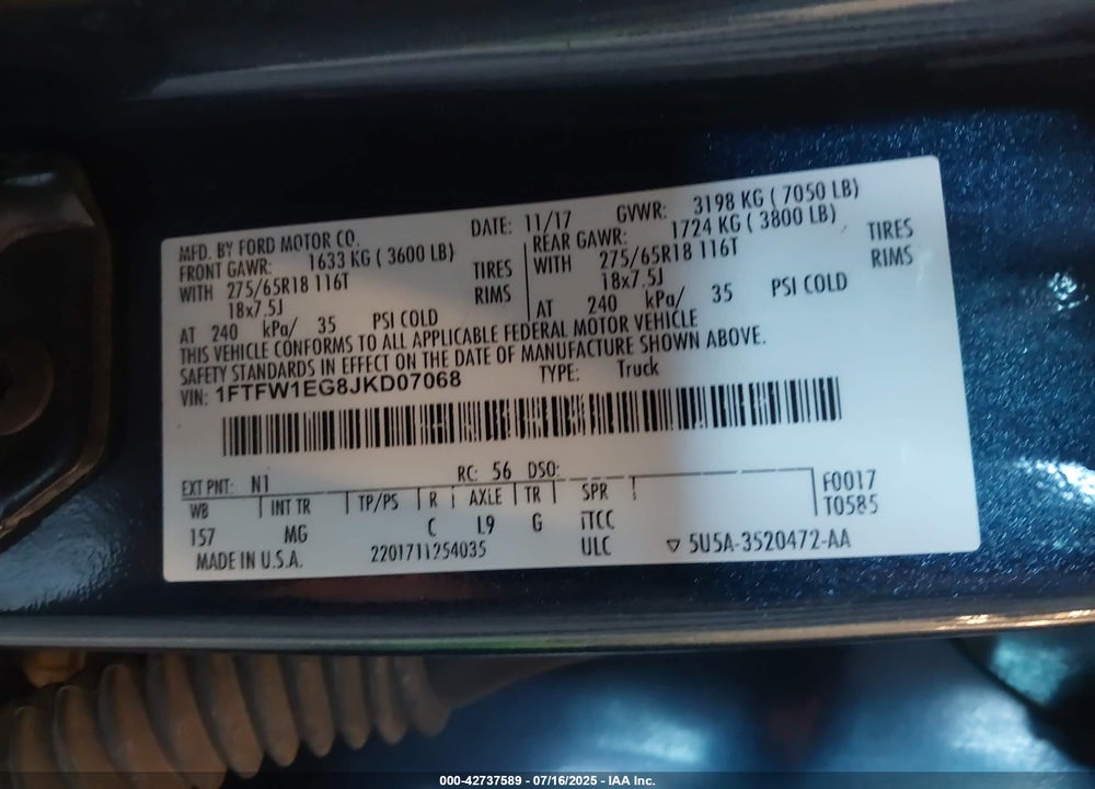 2018 FORD F-150 XLT VIN: 1FTFW1EG8JKD07068