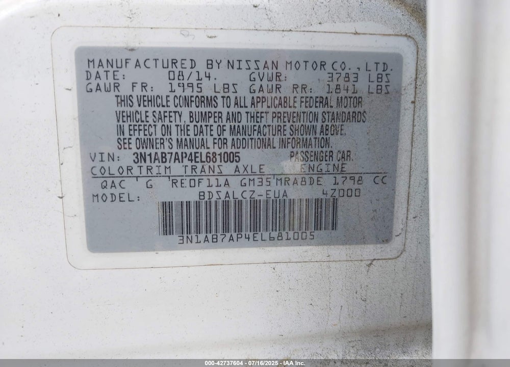 2014 NISSAN SENTRA VIN: 3N1AB7AP4EL681005