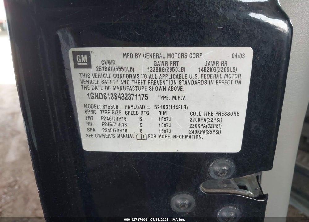 2003 CHEVROLET TRAILBLAZER LS VIN: 1GNDS13S432371175