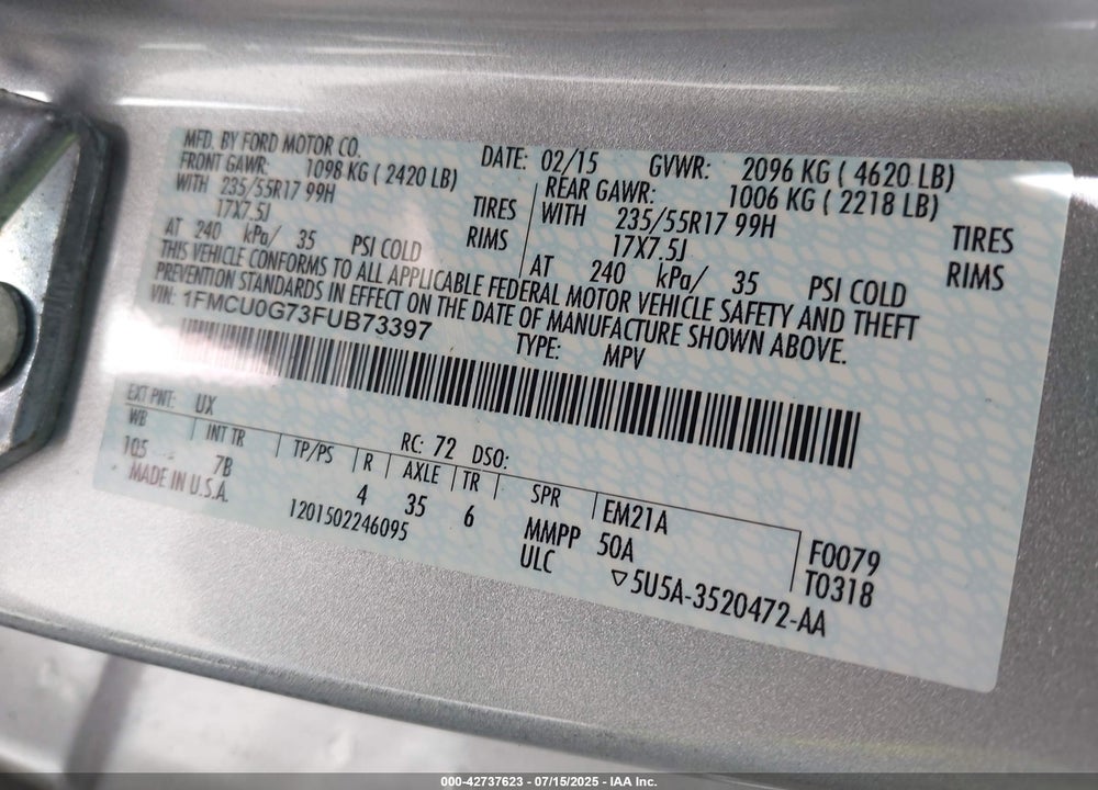 2015 FORD ESCAPE VIN: 1FMCU0G73FUB73397