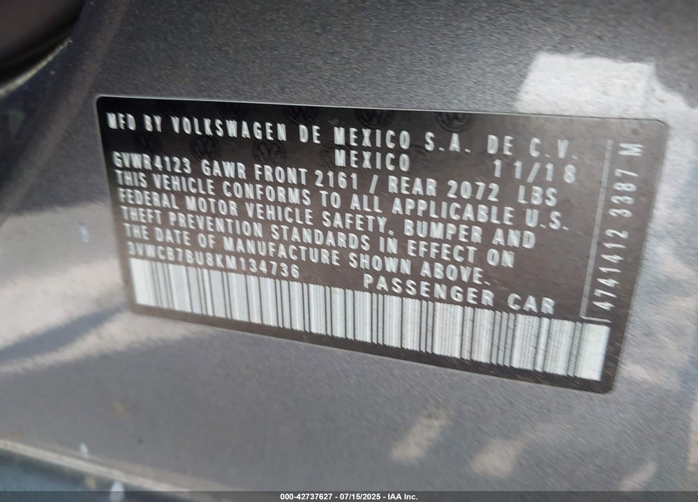2019 VOLKSWAGEN JETTA VIN: 3VWCB7BU8KM134736