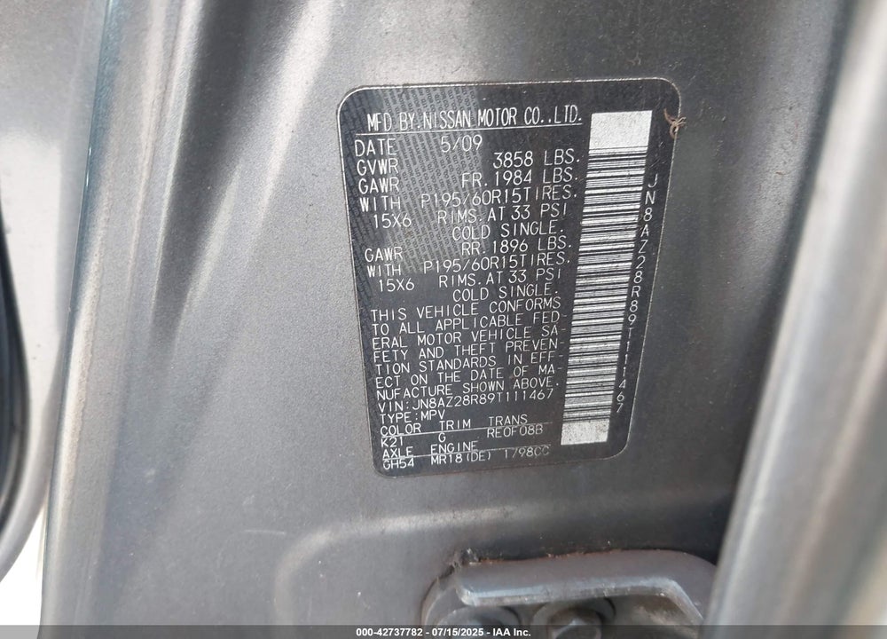 2009 NISSAN CUBE VIN: JN8AZ28R89T111467