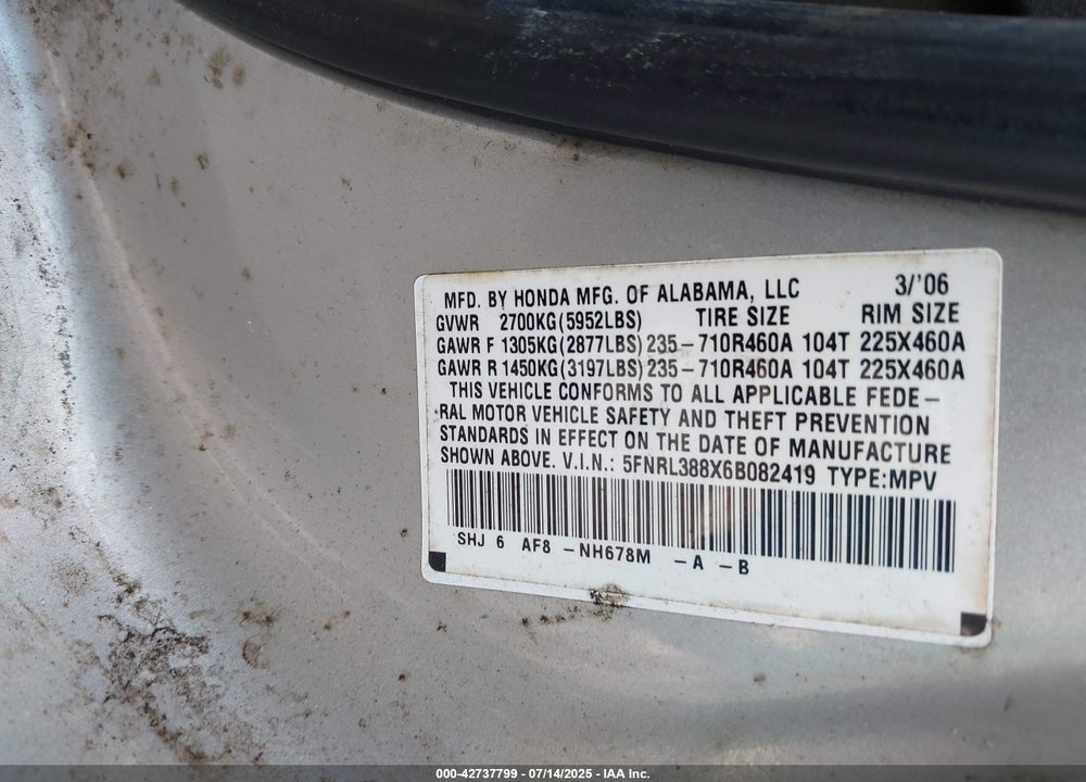 2006 HONDA ODYSSEY VIN: 5FNRL388X6B082419