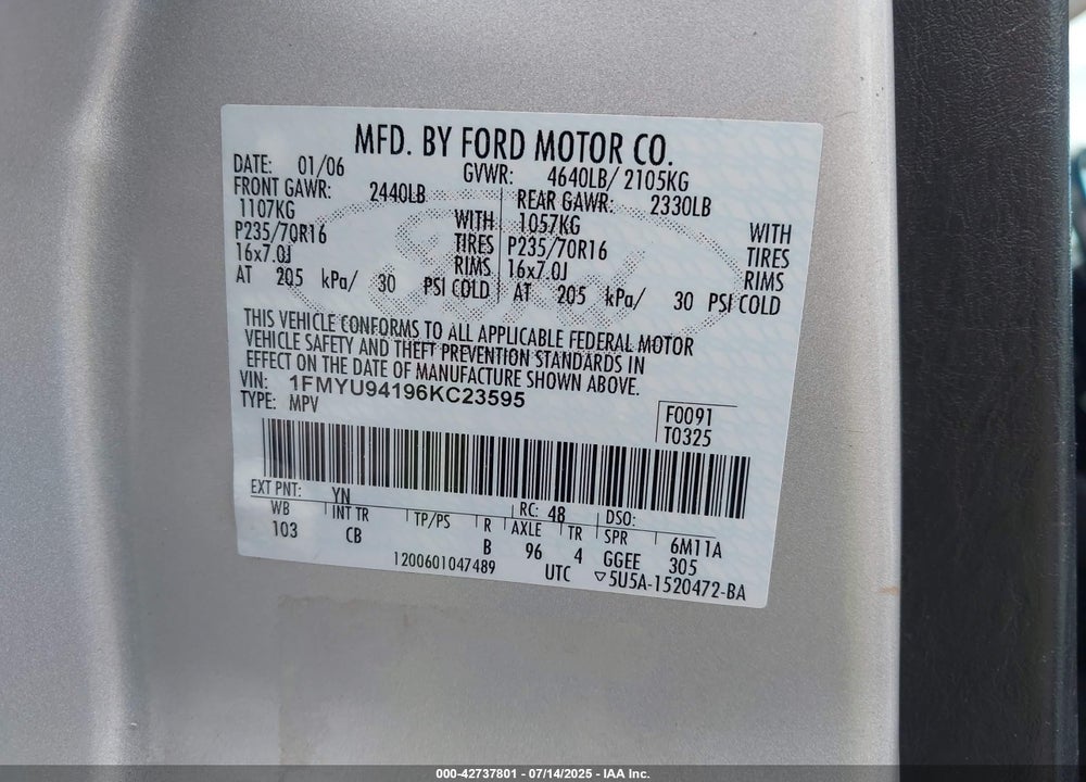 2006 FORD ESCAPE VIN: 1FMYU94196KC23595