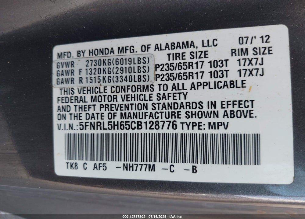 2012 HONDA ODYSSEY VIN: 5FNRL5H65CB128776