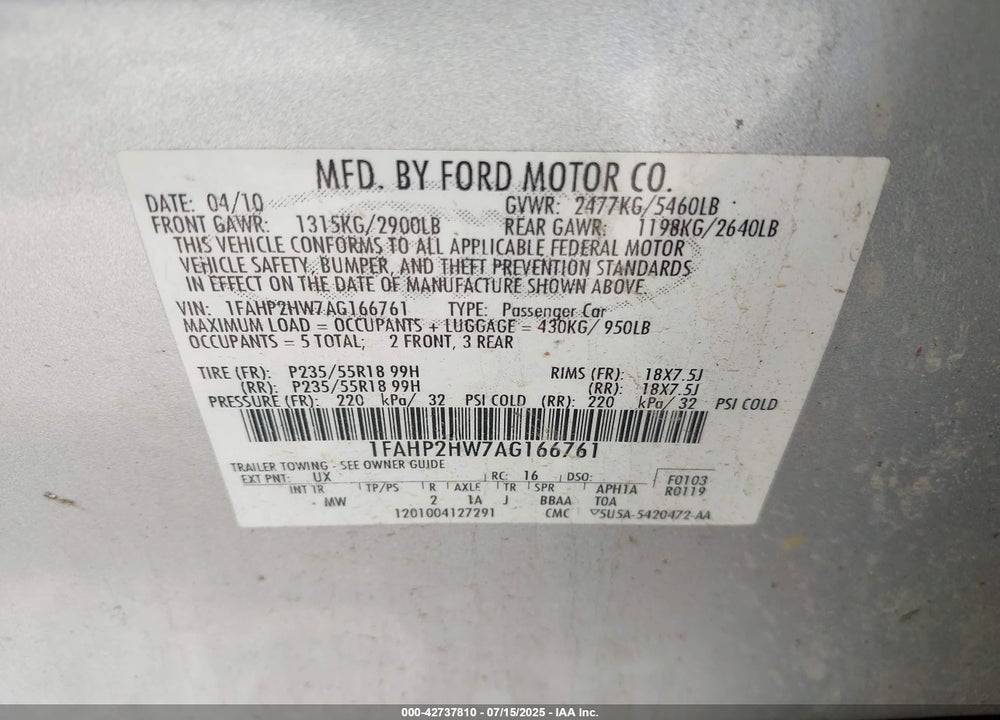 2010 FORD TAURUS VIN: 1FAHP2HW7AG166761
