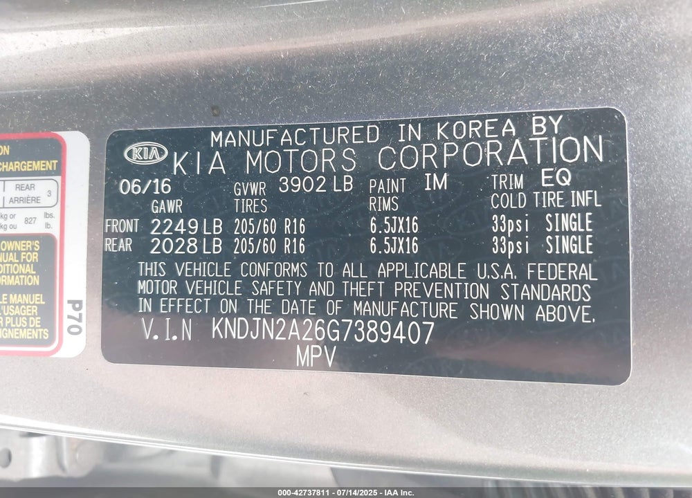 2016 KIA SOUL VIN: KNDJN2A26G7389407