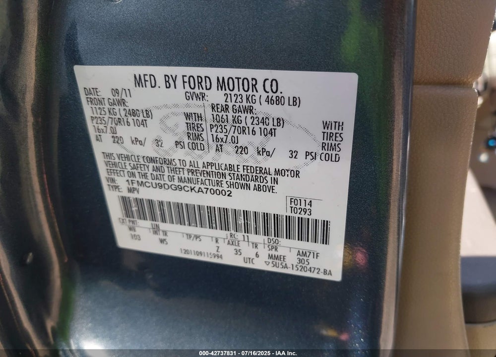 2012 FORD ESCAPE VIN: 1FMCU9DG9CKA70002