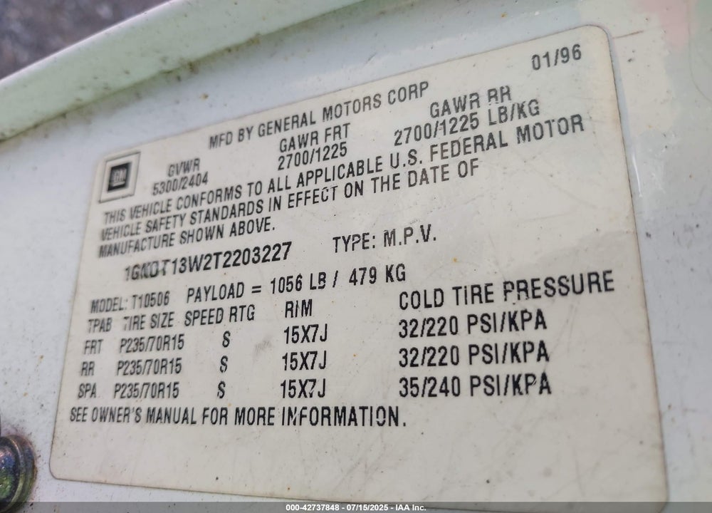 1996 CHEVROLET BLAZER VIN: 1GNDT13W2T2203227