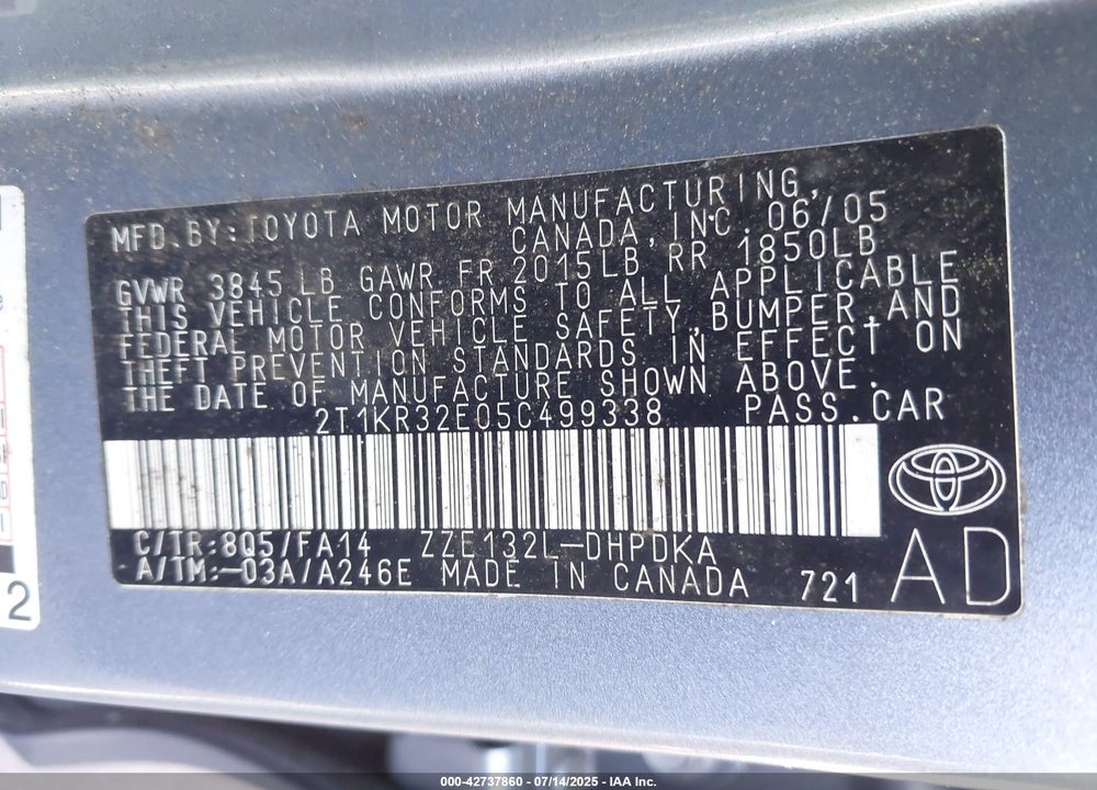 2005 TOYOTA MATRIX VIN: 2T1KR32E05C499338