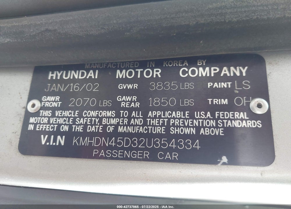 2002 HYUNDAI ELANTRA GLS VIN: KMHDN45D32U354334