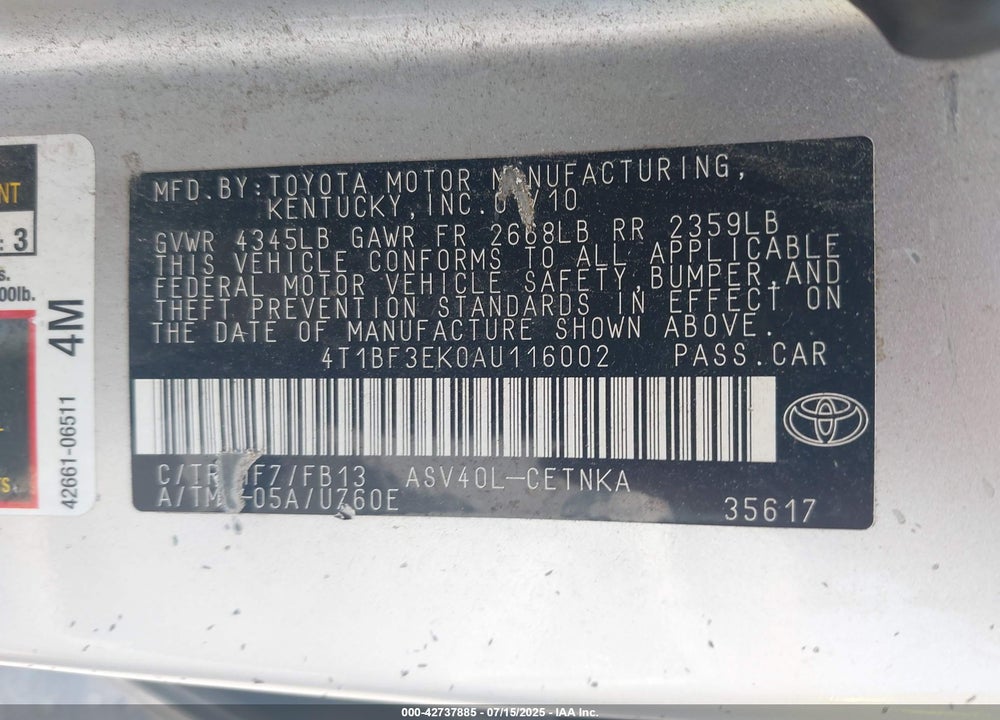 2010 TOYOTA CAMRY VIN: 4T1BF3EK0AU116002