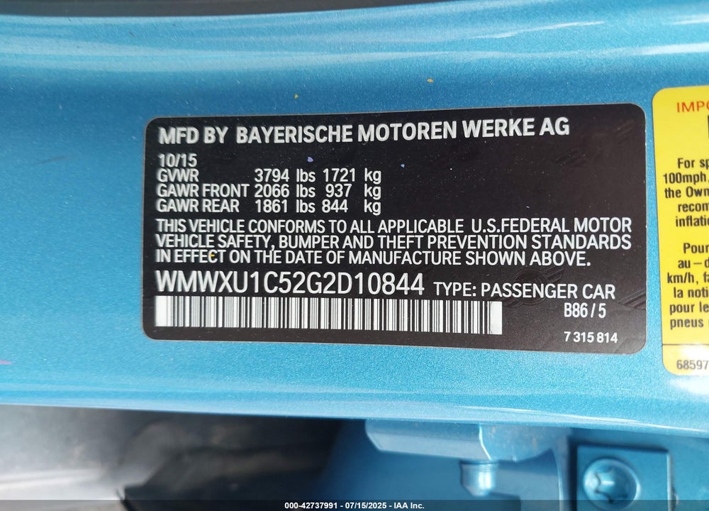 2016 MINI HARDTOP VIN: WMWXU1C52G2D10844