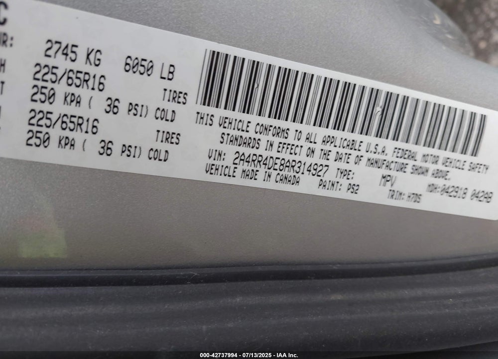 2010 CHRYSLER TOWN & COUNTRY VIN: 2A4RR4DE8AR314927
