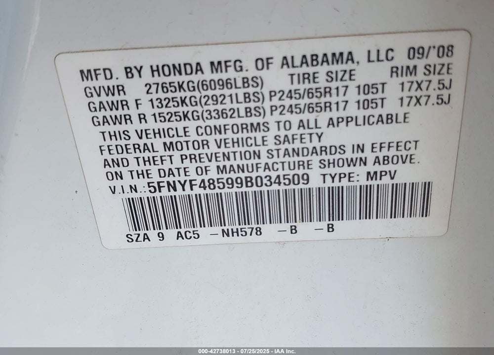 2009 HONDA PILOT VIN: 5FNYF48599B034509