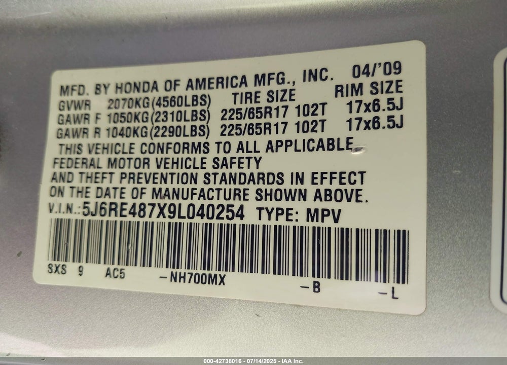 2009 HONDA CR-V VIN: 5J6RE487X9L040254