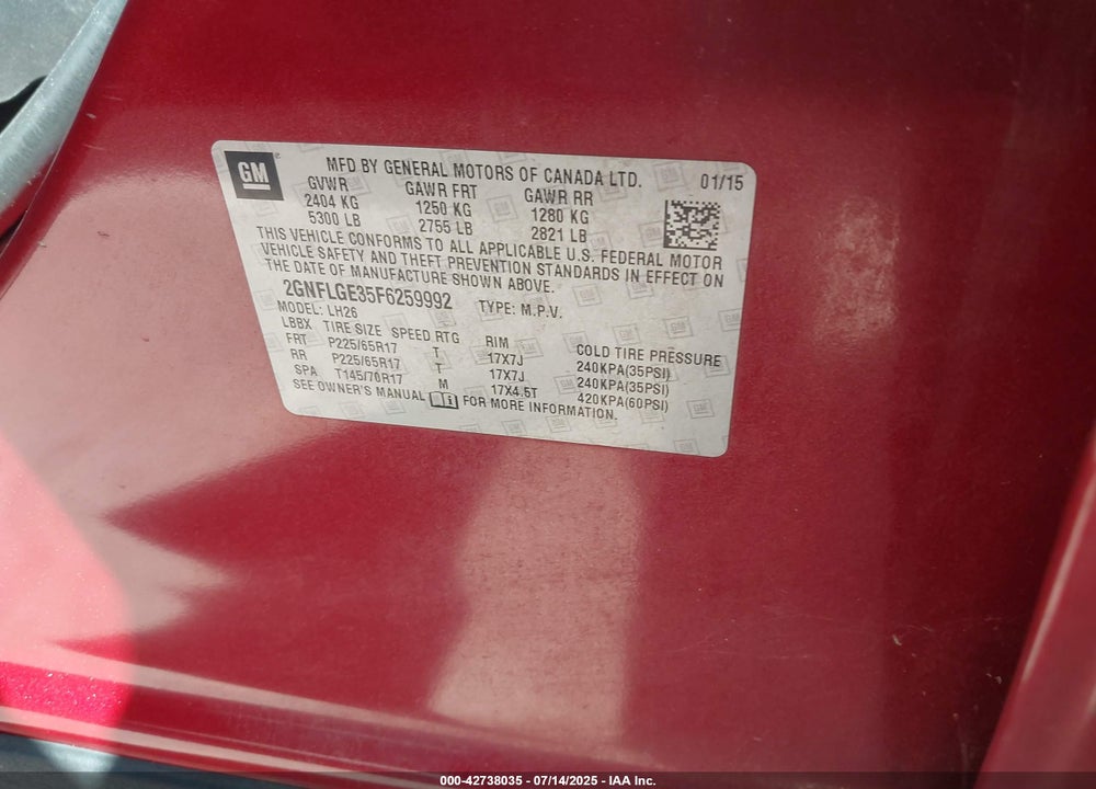 2015 CHEVROLET EQUINOX VIN: 2GNFLGE35F6259992